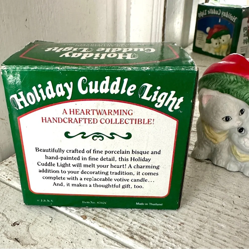 Vintage Cat Cuddling Under Santa Hat 1990 Tealight Candle Holder Kitty Porcelain